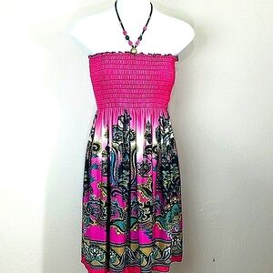 123 USA Pink Boho Paisley Sundress Smocked Bodice Beaded Halter Tie Small